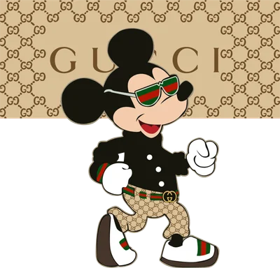 Hình ảnh hoạt hình Mickey Mouse đeo kính râm, mặc áo đen, quần họa tiết Gucci, thắt lưng Gucci, và giày Gucci.
