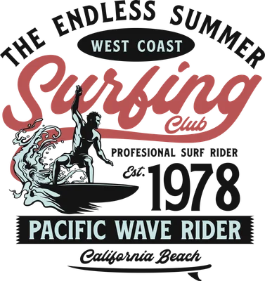 Hình in thiết kế lướt sóng phong cách retro với vận động viên, ván và sóng, chữ 'THE ENDLESS SUMMER'.