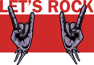 Hình minh họa hai bàn tay làm cử chỉ rock and roll với chữ 'LET'S ROCK' trên nền đỏ xám.