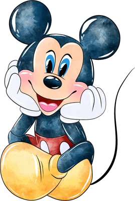 Hình ảnh Mickey Mouse hoạt hình dễ thương với phong cách màu nước, đang ngồi cười tươi, hai tay ôm má.