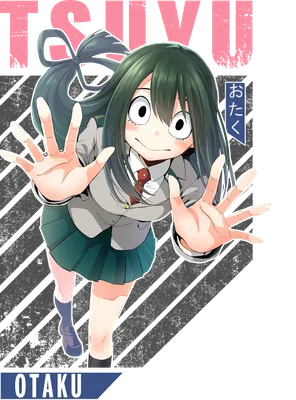 Nhân vật Tsuyu Asui trong anime My Hero Academia, mặc đồng phục trường UA, tóc xanh dài, mắt to tròn, biểu cảm vui vẻ.