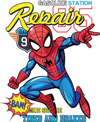Hình ảnh Spider-Man đang bay nhảy, với các dòng chữ 'GASOLINE STATION', 'Repair', 'BAM!', 'ENGINE SERVICE', 'TIRES AND BRAKES'.