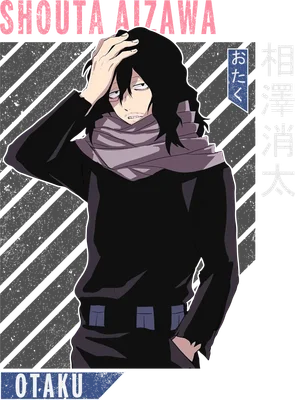 Hình vẽ Shota Aizawa từ My Hero Academia, tóc đen, quàng khăn, tay đặt lên trán, phong cách Otaku.