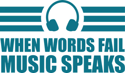 Hình ảnh tai nghe màu xanh dương với dòng chữ "WHEN WORDS FAIL MUSIC SPEAKS" trên nền xám.