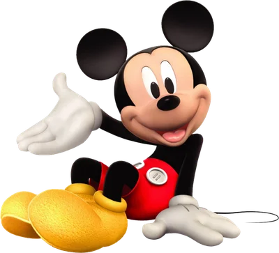 Hình ảnh chú chuột Mickey Mouse hoạt hình đang ngồi, mỉm cười thân thiện và vẫy tay chào trên nền xám.