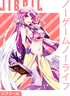 Hình ảnh Shiro từ anime No Game No Life với mái tóc hồng dài, đôi cánh trắng và đang cầm một cuốn sách cổ.