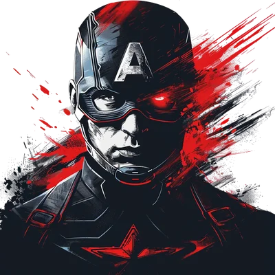 Hình minh họa Captain America với phong cách grunge, màu đen và đỏ, mắt phải phát sáng đỏ, biểu tượng chữ A trên mũ và ngôi sao trên ngực.
