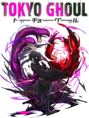 Nhân vật anime Tokyo Ghoul với mặt nạ, xúc tu đỏ và tím, tỏa ra năng lượng mạnh mẽ.