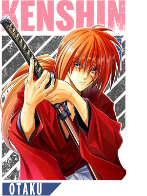 Hình ảnh Kenshin Himura, nhân vật anime với mái tóc đỏ, cầm kiếm, mặc áo đỏ.