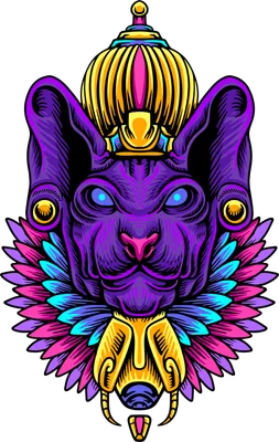 Hình minh họa mèo Sphynx Ai Cập đội vương miện vàng với họa tiết lông vũ rực rỡ