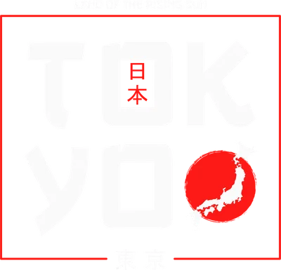 Thiết kế chữ TOKYO trắng trên nền xám, có biểu tượng mặt trời đỏ và bản đồ Nhật Bản, cùng chữ Nhật Bản.