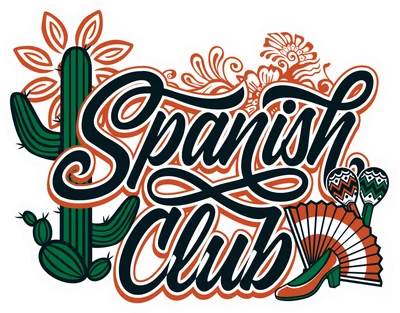Hình in Spanish Club với chữ viết tay, cây xương rồng, quạt và maracas, phong cách văn hóa Latin.