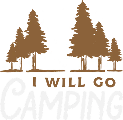 Hình ảnh minh họa phong cảnh cắm trại mùa đông với núi tuyết, rừng thông và chữ 'I WILL GO CAMPING'