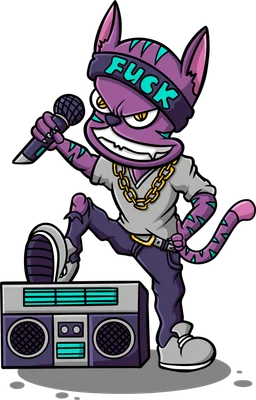 Hình ảnh mèo hoạt hình màu tím phong cách rapper, đội băng đô, cầm mic, chân đặt trên boombox.