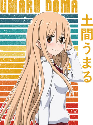 Hình ảnh cô gái anime tóc vàng dài, mặc áo sơ mi trắng, mỉm cười nhẹ, với nền sọc ngang màu retro.