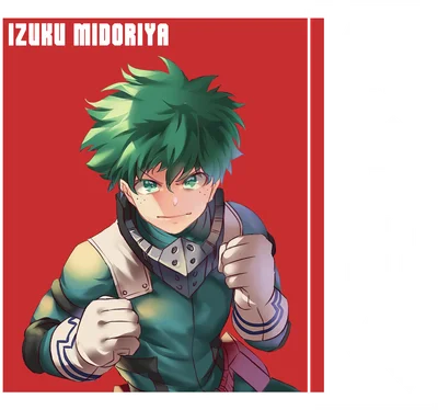 Nhân vật Izuku Midoriya trong trang phục anh hùng, tóc xanh lá, mắt xanh lá, nắm chặt hai tay.
