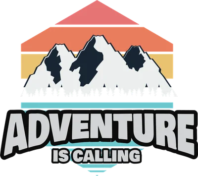 Hình ảnh núi tuyết hùng vĩ với dòng chữ "Adventure is Calling" và phong cảnh hoàng hôn retro.