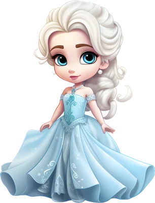 Hình ảnh công chúa Elsa chibi với mái tóc bạch kim, đôi mắt xanh và váy xanh lấp lánh, phong cách hoạt hình dễ thương.