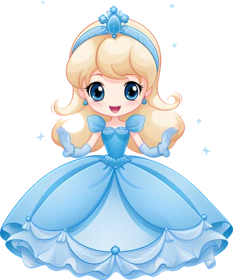 Hình ảnh công chúa chibi tóc vàng, mắt xanh to tròn, mặc váy dạ hội màu xanh dương lộng lẫy, đội vương miện, đang mỉm cười.
