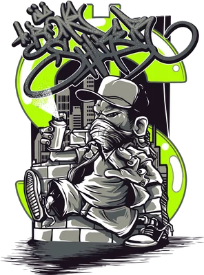 Hình vẽ minh họa chàng trai đang phun sơn graffiti với biểu tượng đô la phía sau