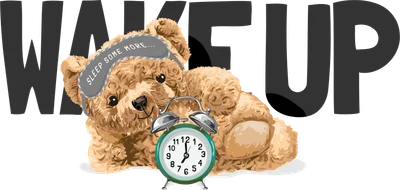 Hình ảnh gấu bông màu nâu đeo mặt nạ ngủ "SLEEP SOME MORE" nằm cạnh đồng hồ báo thức màu xanh lá, phía sau là chữ "WAKE UP".