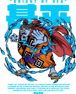 Hình ảnh Jinbei "Knight of the Sea" từ One Piece, nhân vật người cá cá mập voi, bao quanh bởi nước xanh.