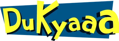 Logo chữ 'DuKyaaa' màu vàng tươi sáng, có đổ bóng, đặt trên nền hình chữ nhật màu xanh dương.