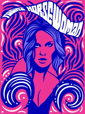 Hình ảnh minh họa một người phụ nữ mạnh mẽ với mái tóc xanh tím, đội mũ có chữ "Horsewoman" và đeo găng tay tròn, nền màu hồng và xanh dương.