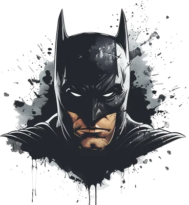 Hình ảnh chân dung Batman với mặt nạ đen, đôi mắt trắng sáng, và hiệu ứng mực bắn màu xám đen phía sau.