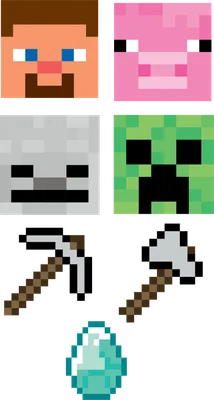 Tập hợp các biểu tượng pixel art từ game Minecraft: Steve, Heo, Skeleton, Creeper, cuốc, rìu và kim cương.