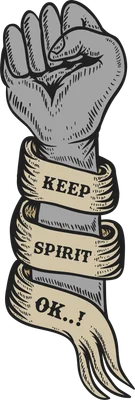 Hình ảnh nắm đấm giơ cao được quấn quanh bởi dải băng có chữ "KEEP SPIRIT OK..!"