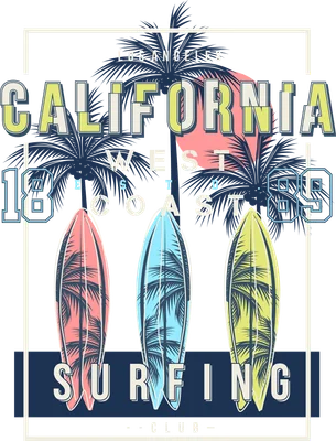 Hình in California West Coast với cây dừa và ván lướt sóng phong cách vintage