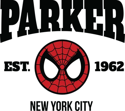 Logo Người Nhện Parker Est 1962 New York City với mặt nạ đặc trưng và chữ PARKER phía trên.