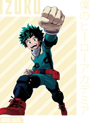Hình vẽ nhân vật anime Deku (Izuku Midoriya) từ My Hero Academia với nắm đấm giơ cao, mặc trang phục anh hùng màu xanh lá và đỏ.