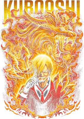 Hình ảnh Sanji từ One Piece với rồng lửa vàng rực phía sau, đang hút thuốc lá.
