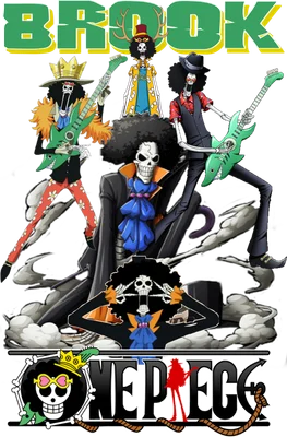 Nhóm nhân vật Brook từ One Piece với các nhạc cụ, bao gồm Brook đội vương miện, Brook đội mũ, và Brook chơi guitar.