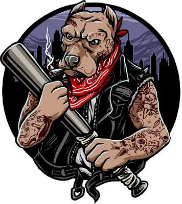 Hình minh họa chó Pitbull ngầu đeo khăn bandana, xăm mình, cầm gậy bóng chày phong cách đường phố
