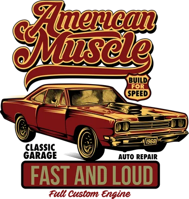 Hình minh họa xe hơi cơ bắp cổ điển American Muscle phong cách retro vintage