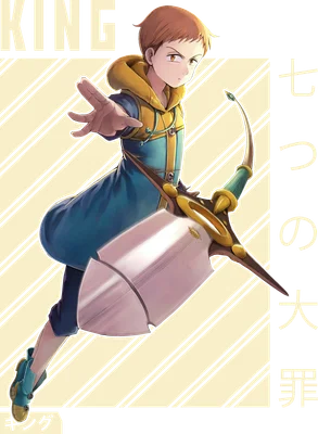 Hình ảnh nhân vật King trong anime, mặc trang phục màu xanh và vàng, cầm một vũ khí lớn có hình dạng độc đáo.