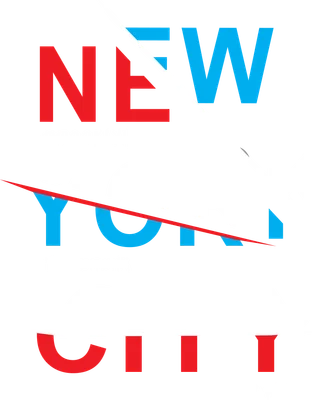 Thiết kế chữ New York City với các từ Brooklyn, The Bronx, Go to Everywhere, sử dụng màu đỏ, xanh dương và trắng trên nền xám.
