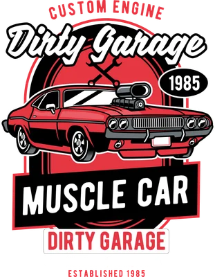 Hình in xe muscle car cổ điển phong cách garage retro với tông màu đỏ đen