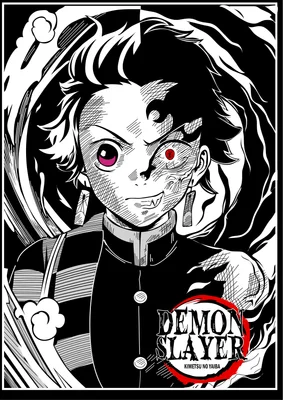 Hình ảnh Tanjiro Kamado từ Demon Slayer, một nửa khuôn mặt bình thường, một nửa bị biến đổi, với hiệu ứng khói đen và biểu tượng Demon Slayer.