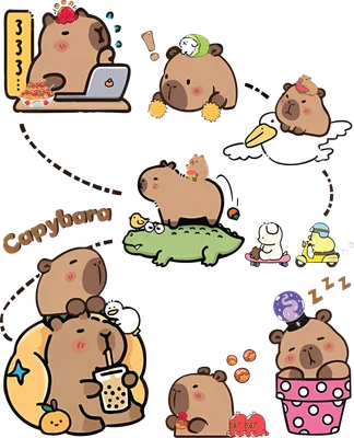 Hình minh họa Capybara chibi dễ thương với nhiều hoạt động như làm việc, cưỡi cá sấu, uống trà sữa, ngủ và chơi cùng các loài vật khác.