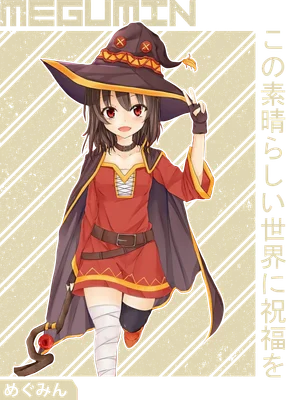 Hình ảnh cô phù thủy Megumin trong trang phục đỏ, đội mũ rộng vành, giơ tay chữ V, cầm gậy phép.