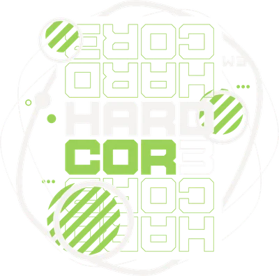 Thiết kế chữ "HARD CORE" lặp lại với màu trắng và xanh lá, có các vòng tròn và đường nét trừu tượng.
