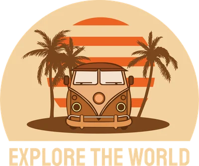 Hình minh họa xe van Volkswagen cổ điển màu nâu dưới hoàng hôn cam và hai cây cọ, với chữ 'EXPLORE THE WORLD'.