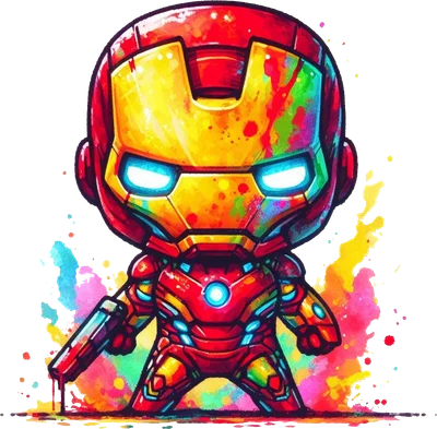 Hình Iron Man phiên bản chibi với hiệu ứng màu nước bắn tung tóe, màu sắc rực rỡ trên nền xám.