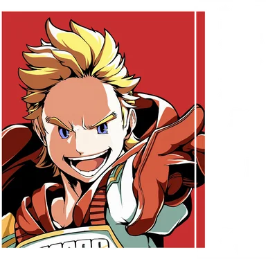 Hình ảnh nhân vật anime Mirio Togata với mái tóc vàng, mắt xanh, cười tươi và chỉ tay về phía trước.