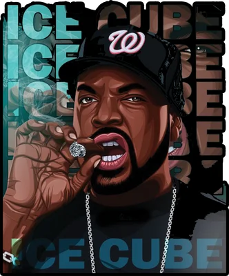 Hình vẽ Ice Cube đội mũ lưỡi trai, hút xì gà, đeo dây chuyền, phong cách hip hop.