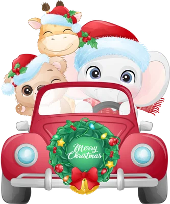 Hình ảnh minh họa ba con vật dễ thương: heo, gấu, hươu đội mũ ông già Noel ngồi trên xe hơi đỏ trang trí vòng nguyệt quế Giáng Sinh.
